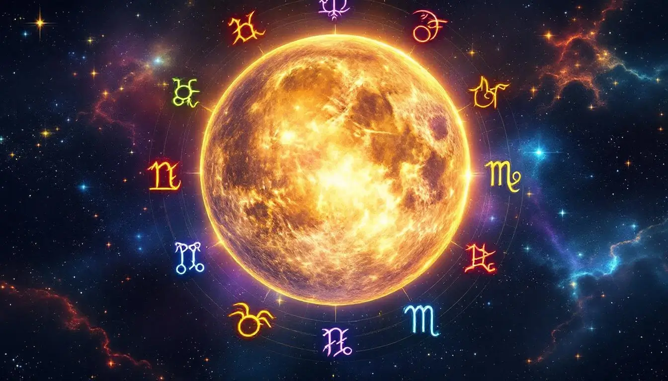 twelve zodiac symbols arranged around a glowing full moon