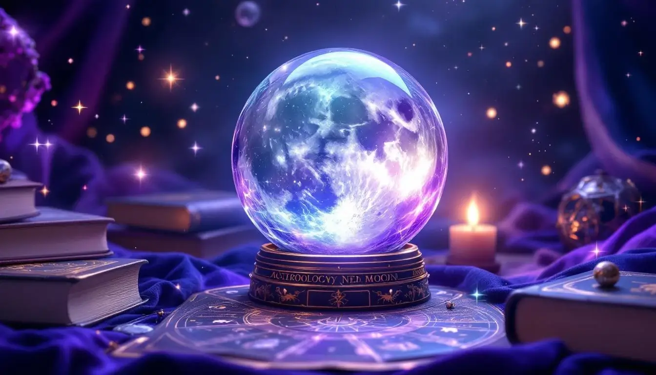 crystal ball reflecting moon phases with astrology charts