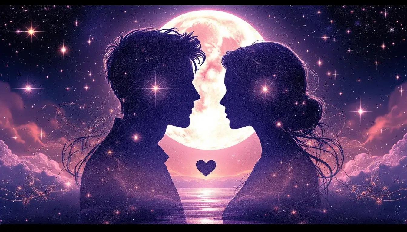 two silhouettes connected by lunar energy under the stars