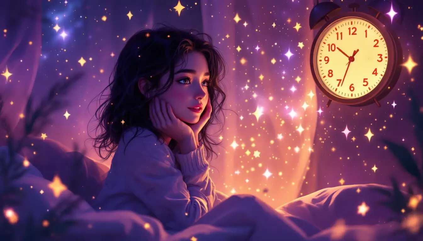 Woman noticing 5555 on a clock in a mystical setting