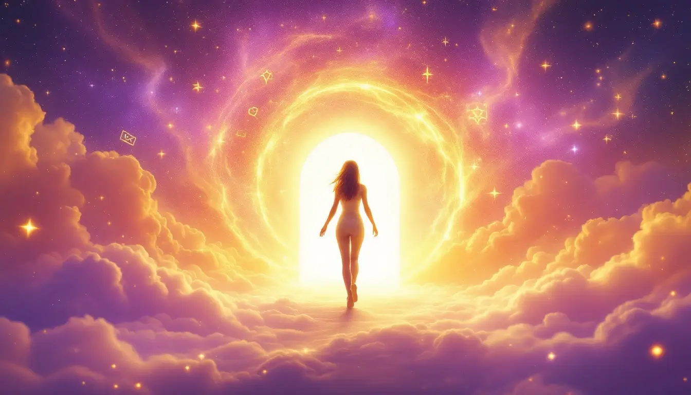 Woman stepping through cosmic doorway representing bold career change