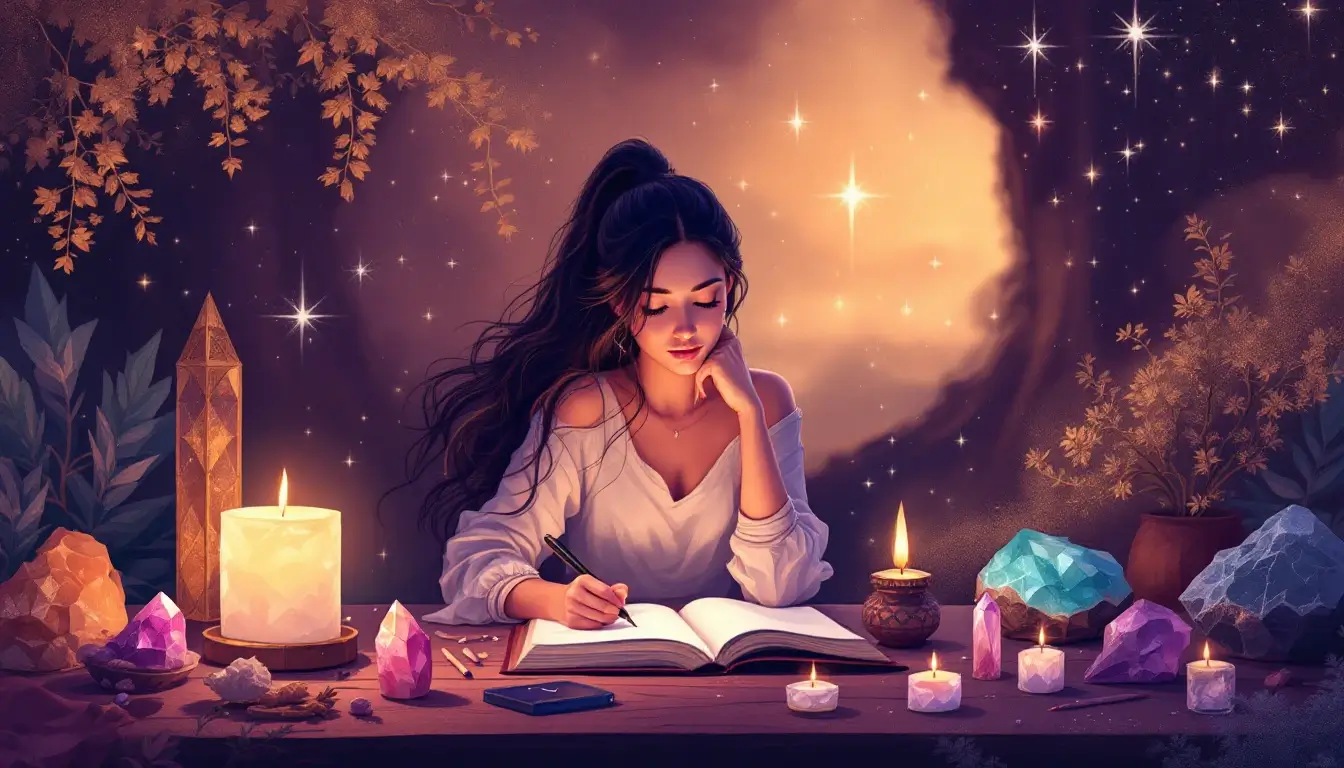 Ritual space with journal, candles, and crystals for 5555 practice