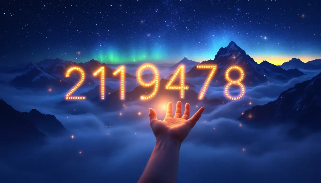 Glowing number sequences in the night sky above a mountain silhouette