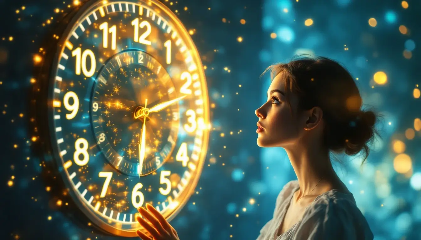 Woman glancing at a clock displaying 11:11 with a soft cosmic aura