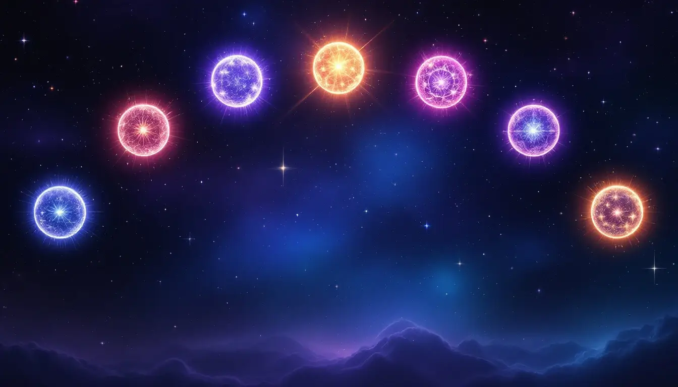 Nine glowing celestial orbs arranged in a semicircle in a cosmic dreamscape