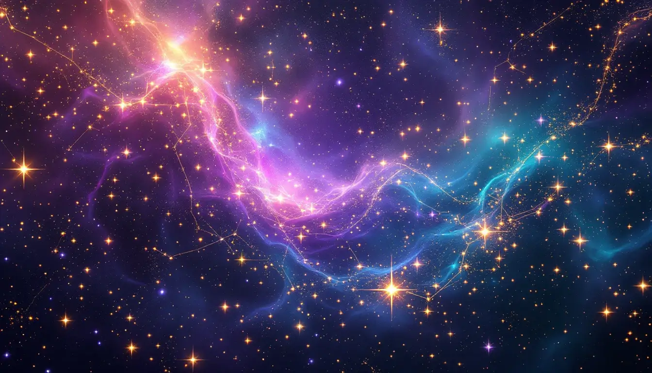 Cascading stars forming triple-digit constellations against a nebula backdrop