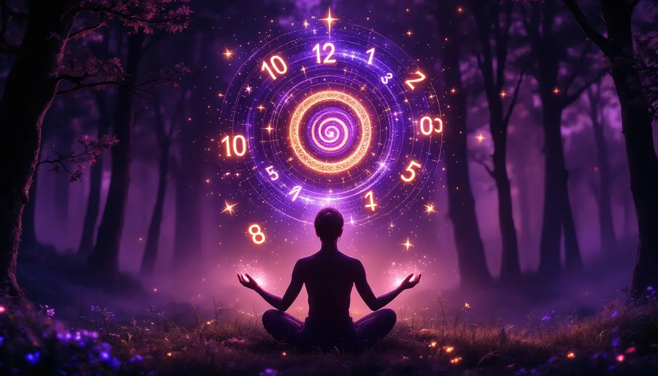 Spiral of glowing angel numbers rising from open palms in a moonlit forest