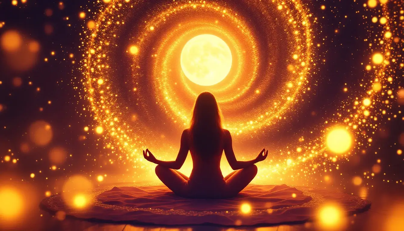 Person meditating with a spiral of glowing numbers rising from their palms