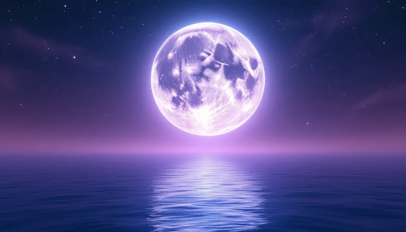 Full moon rising over the sea with the Aquarius water-bearer constellation pouring silver light — July 29 2026 release valve