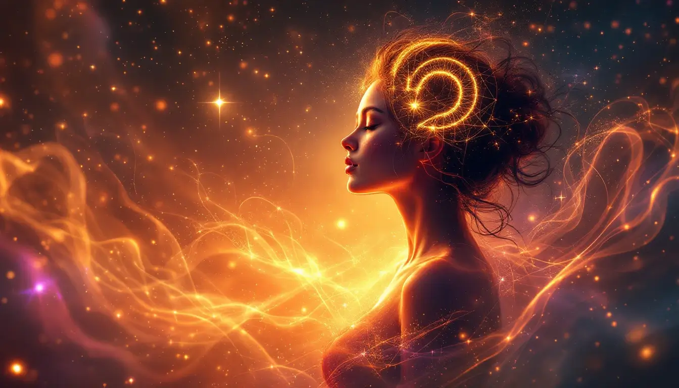 Warm cosmic silhouette with glowing Aries ram constellation over the heart, representing Aries energy in relationships