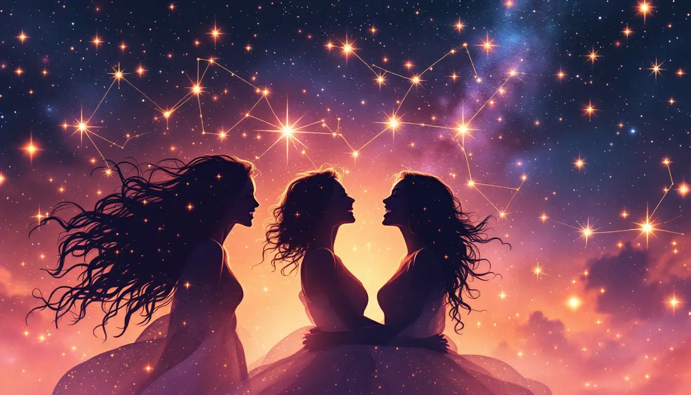 Three glowing silhouettes connected by constellation lines under a starry sky, representing Aries friendship compatibility