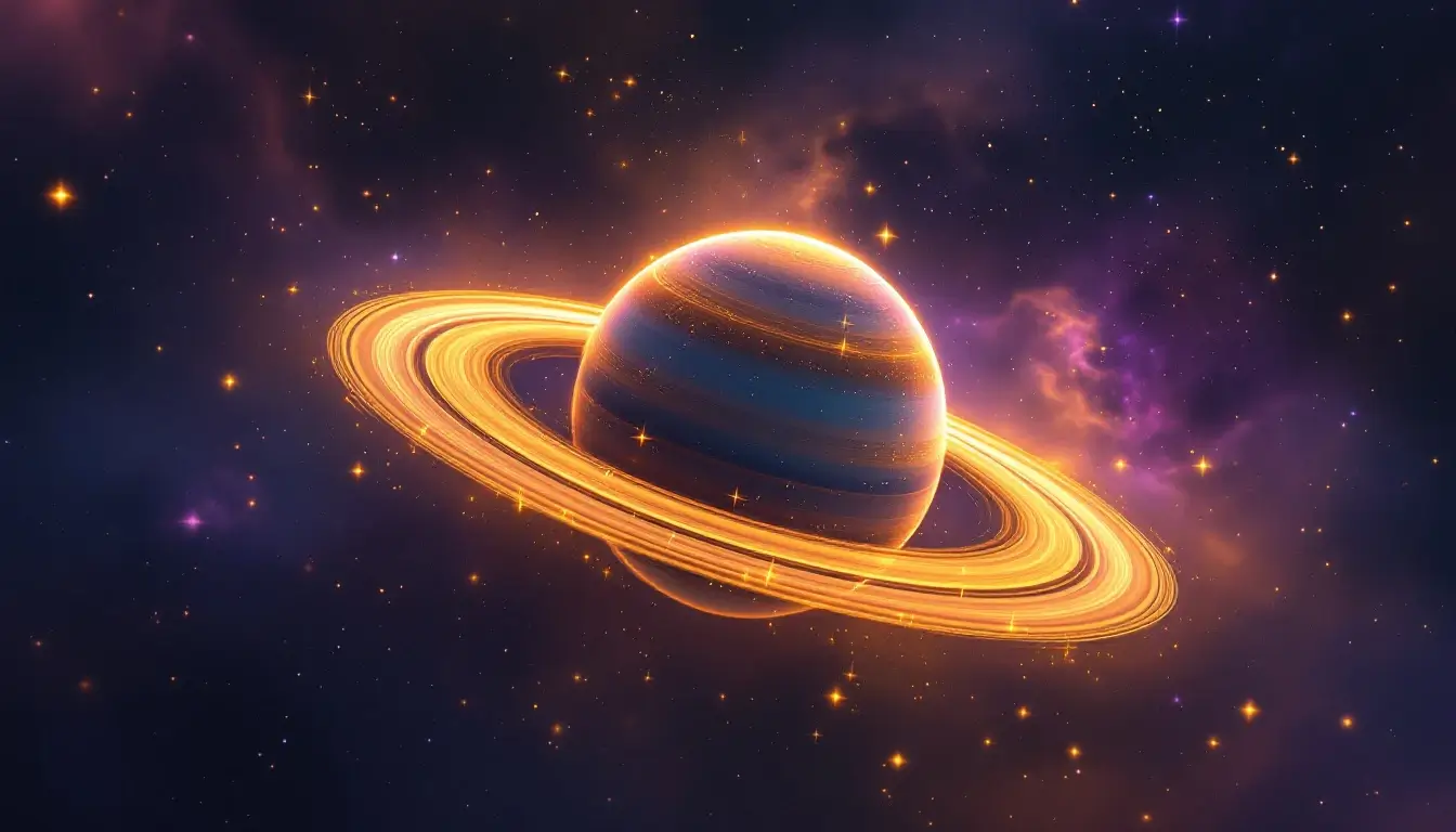 Saturn's golden rings within the Aries constellation showing Saturn in Aries 2026 impact on relationships