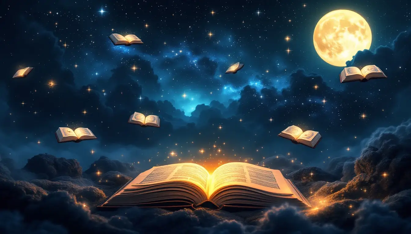 celestial library with floating star charts under full moon