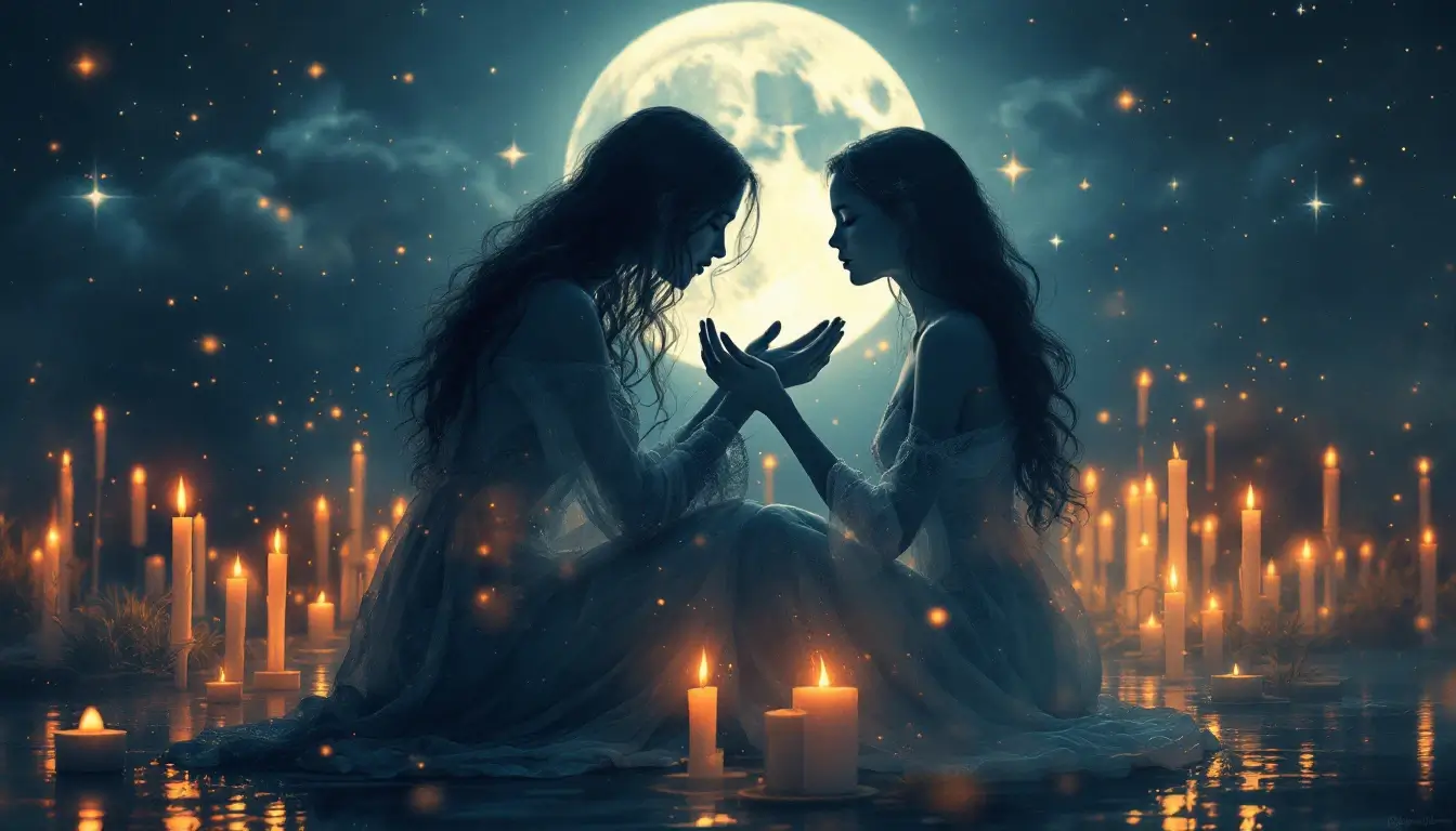 woman embracing younger self under full moon