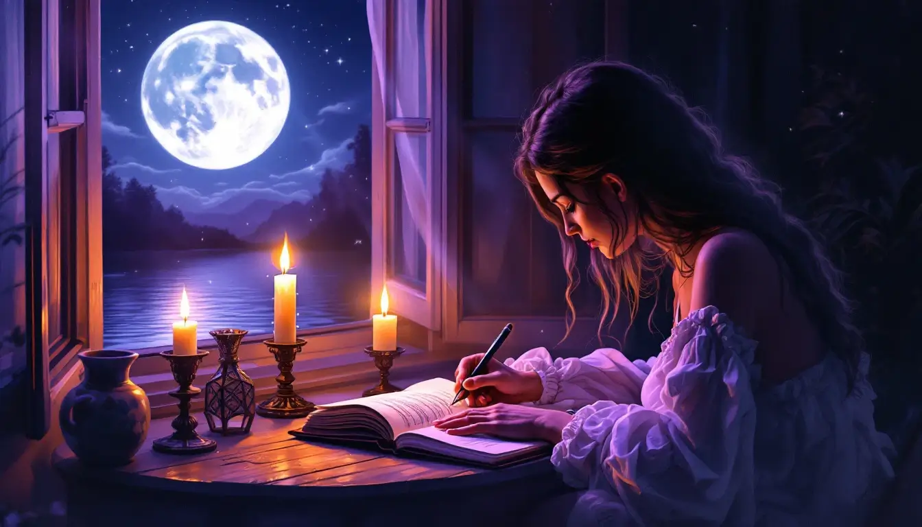 woman journaling by candlelight under full moon
