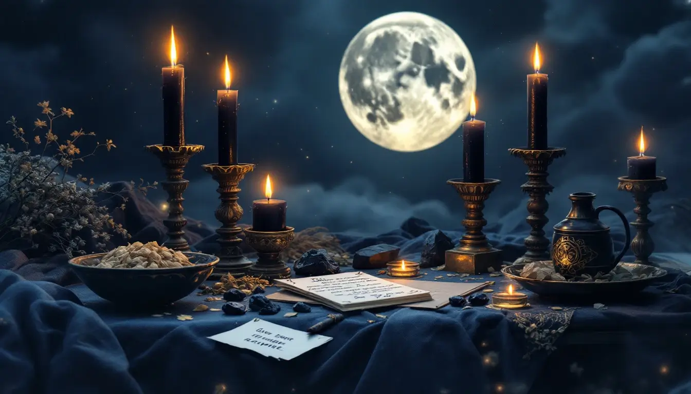 capricorn full moon ritual altar with black candles