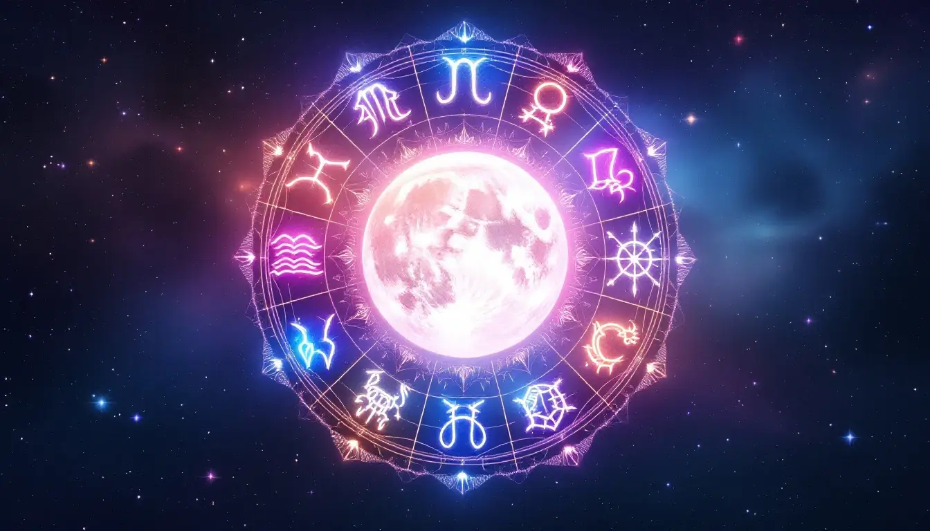 twelve zodiac signs wheel around a full moon
