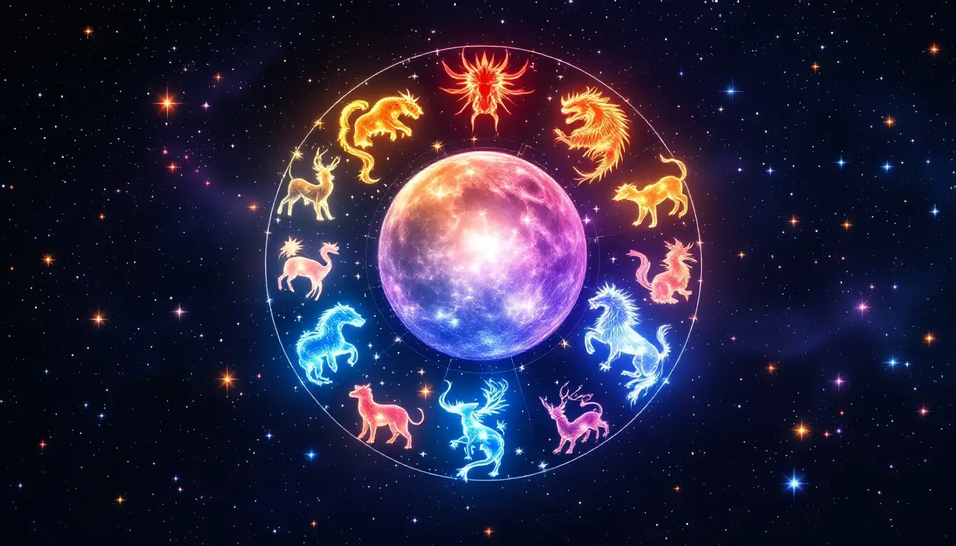 Twelve Chinese zodiac animals arranged in a celestial circle