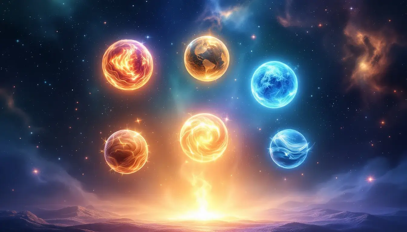 Five elemental orbs — wood, fire, earth, metal, water — floating in cosmic space
