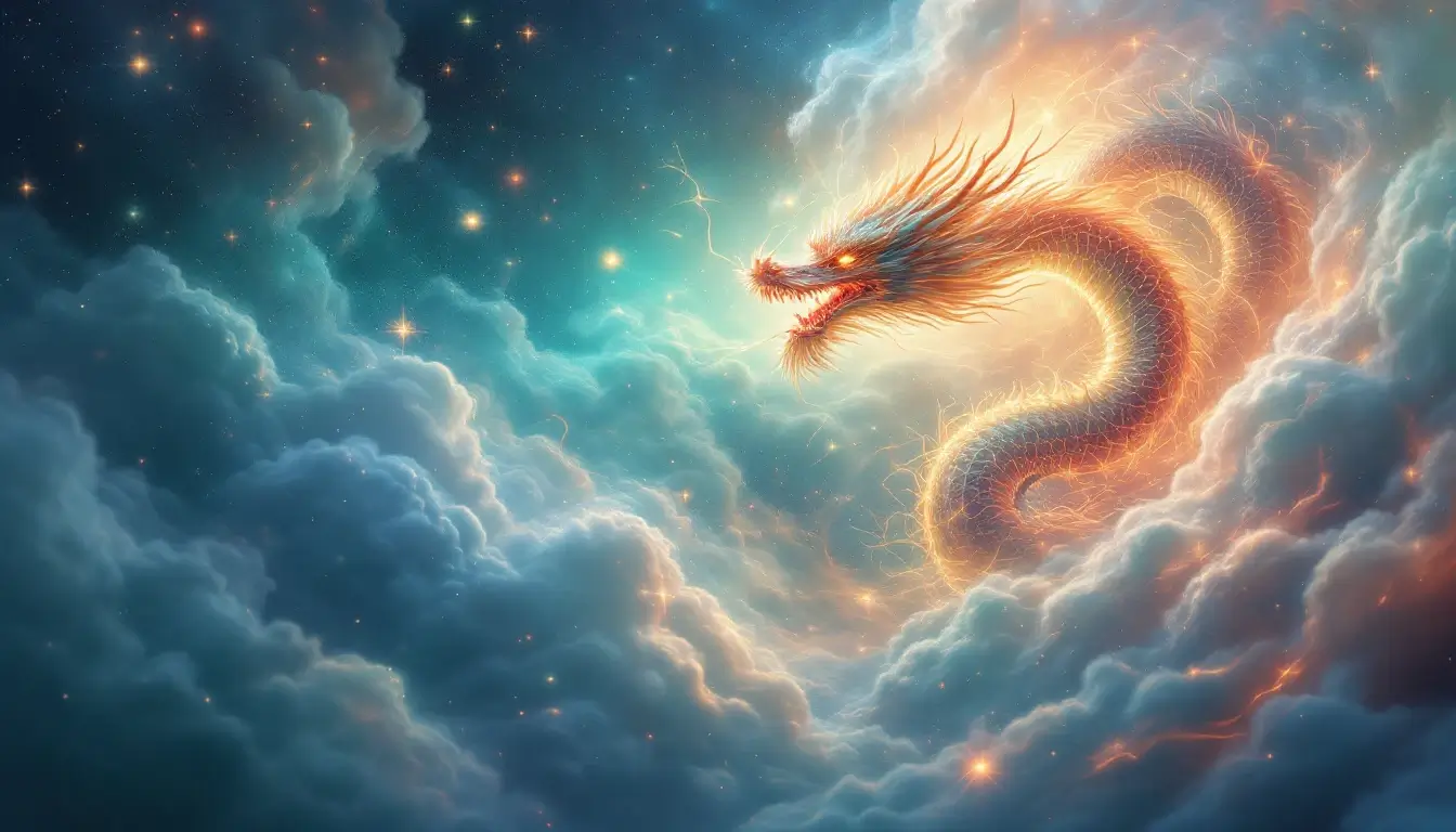 Chinese dragon flying through elemental clouds