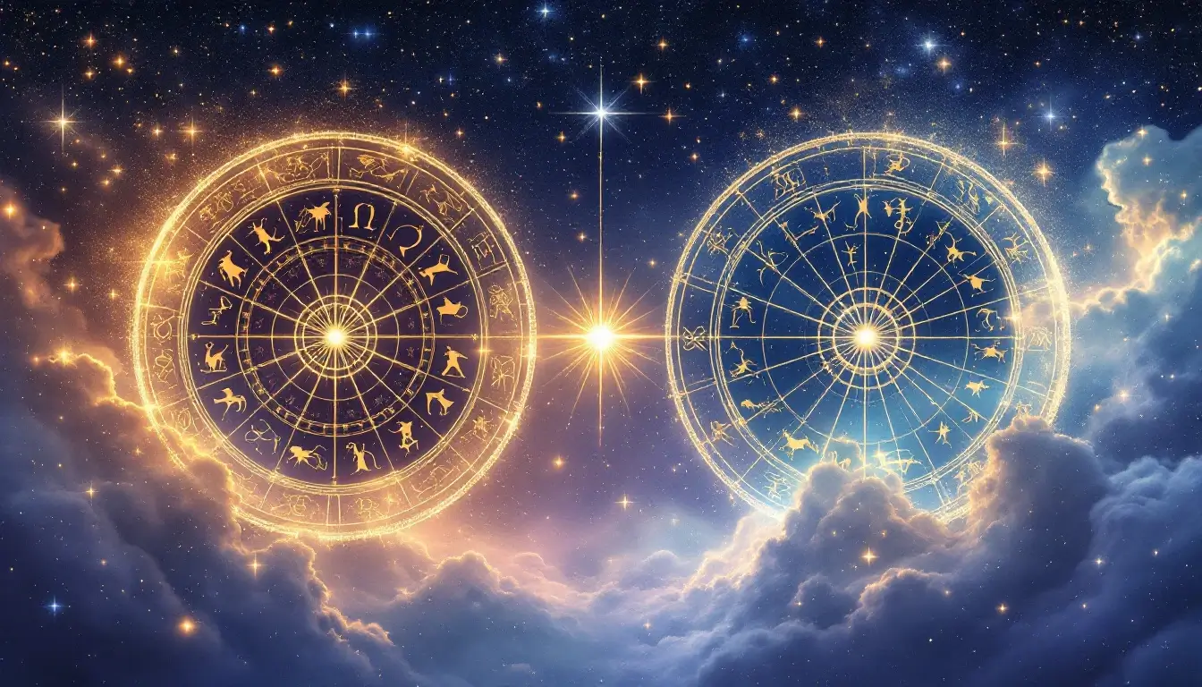Chinese and Western zodiac wheels connected by a bridge of light