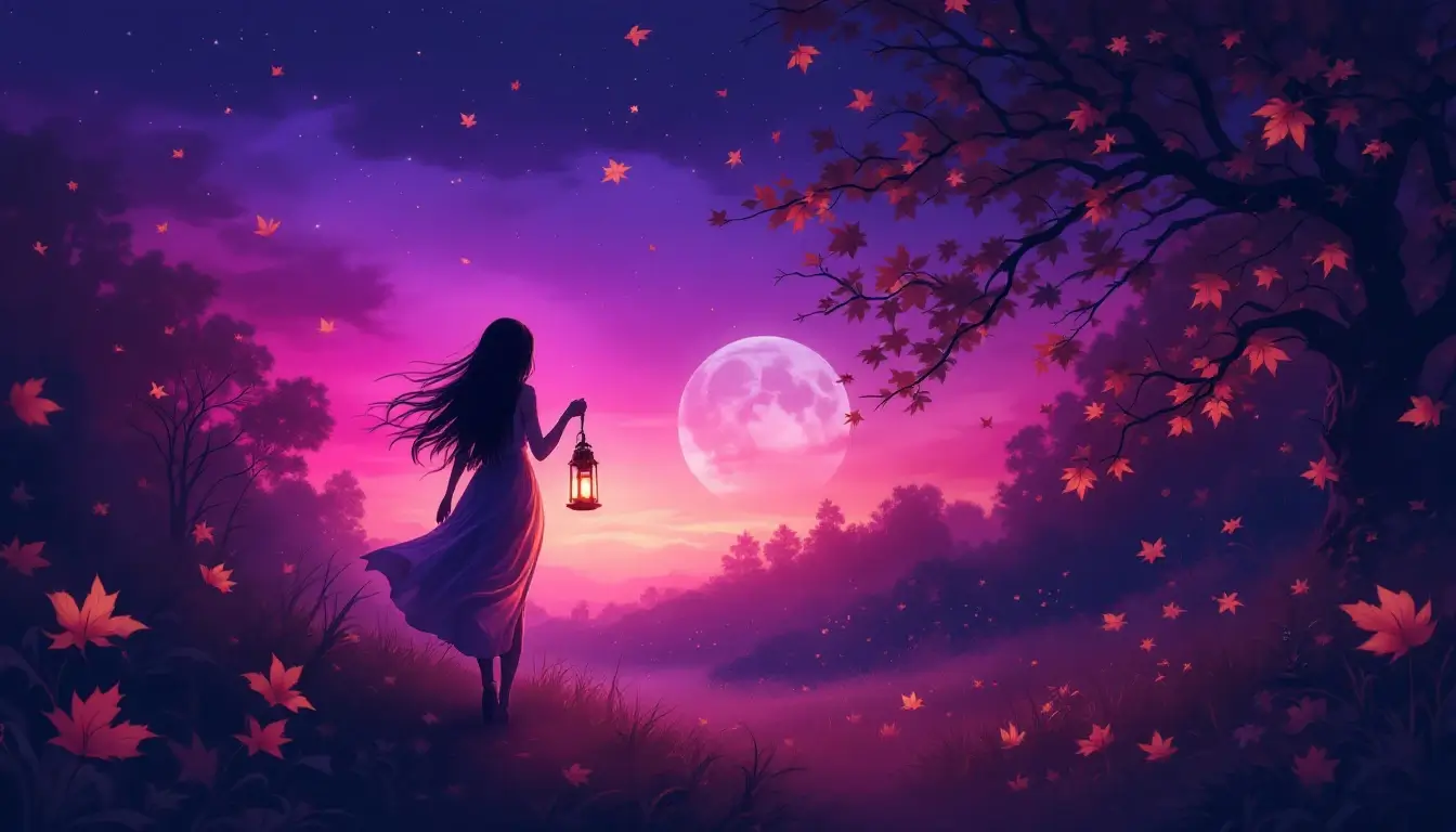 woman walking through moonlit garden holding a lantern in twilight