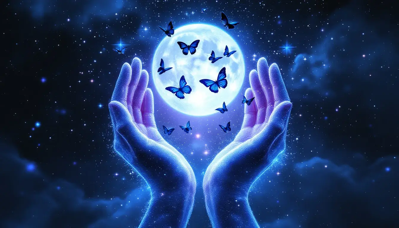 luminous hands releasing dissolving butterflies into a starry night sky