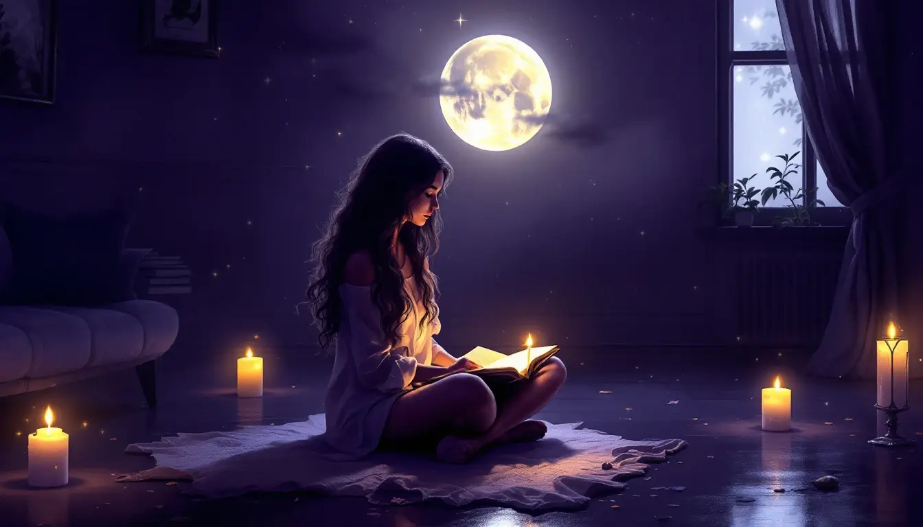 woman journaling by candlelight beside a moonlit window