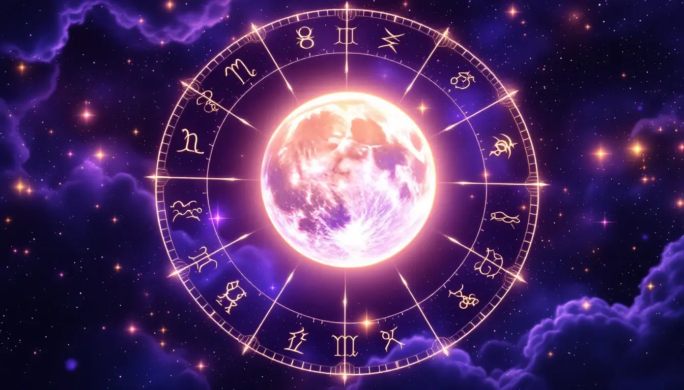 twelve zodiac glyphs arranged around a glowing full moon