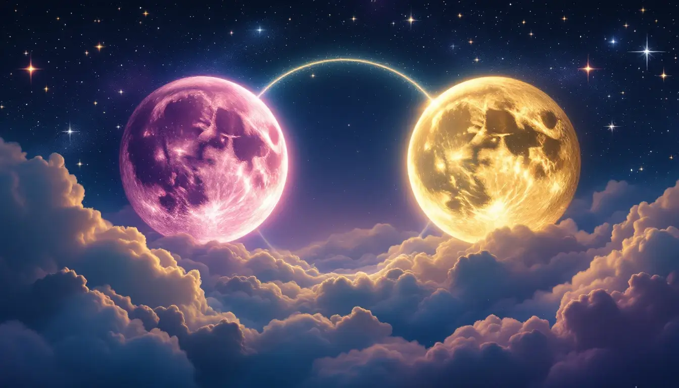 two full moons connected by a luminous arc across a starry sky