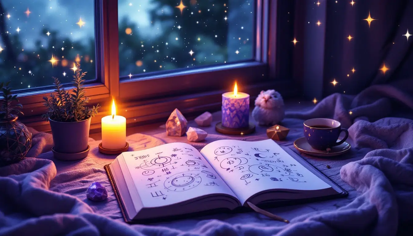 beginner astrologer learning to read a natal chart at a candlelit desk