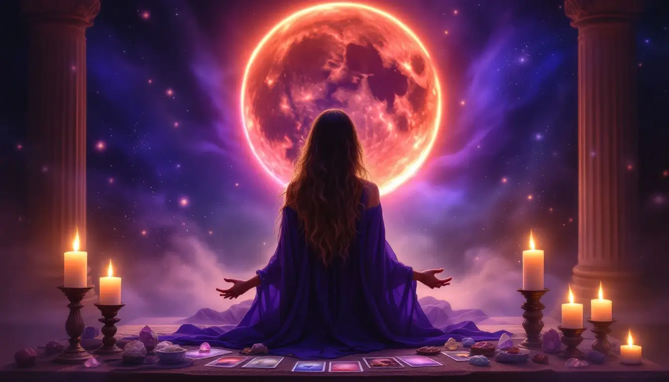 woman at candlelit altar under lunar eclipse 2026 with tarot and crystals
