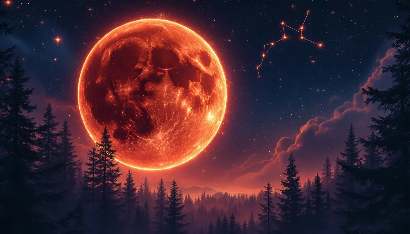 March 3 2026 total lunar eclipse blood moon in Virgo above a starry forest