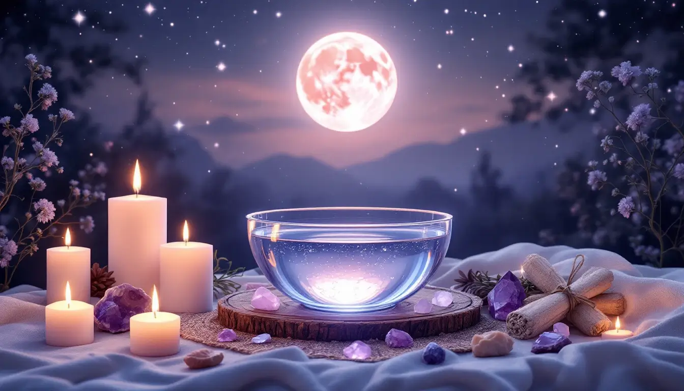 moonlit eclipse ritual altar with water bowl, candles, sage, and Pisces crystals