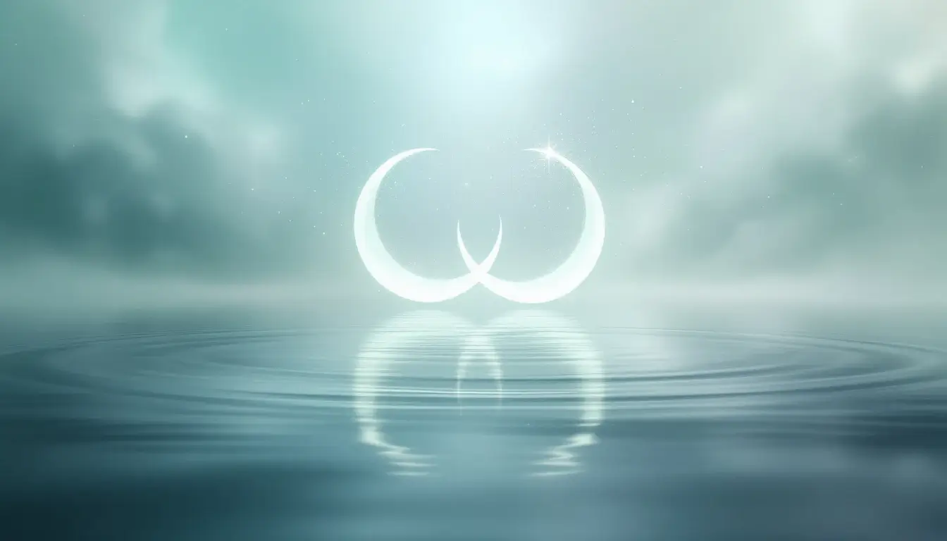 Two crescent moons reflected in still water forming an infinity loop — the double emotional loop of Mercury retrograde in Cancer