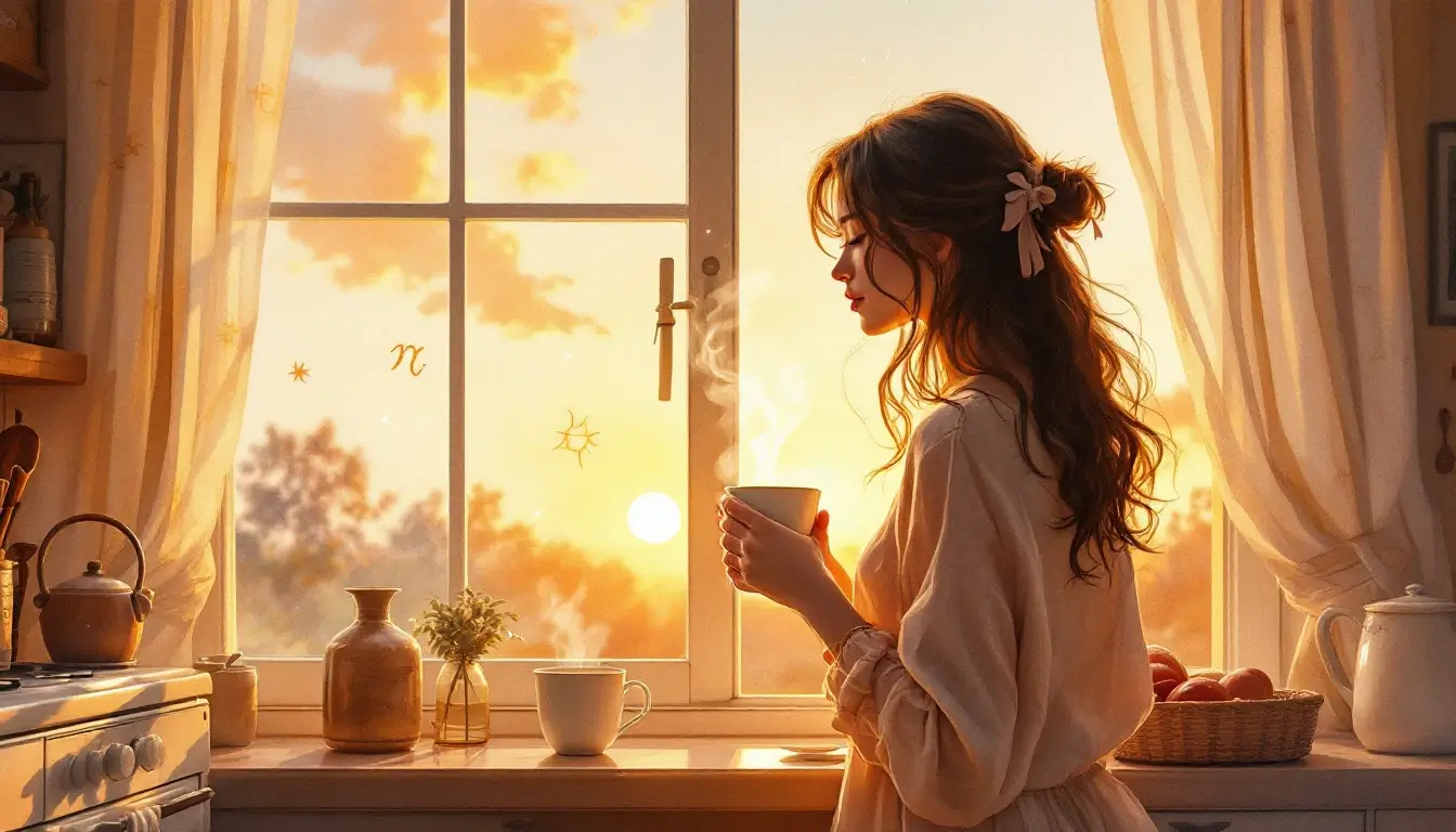 Warm kitchen window at sunset with steaming mug — the emotional atmosphere of Mercury retrograde in Cancer