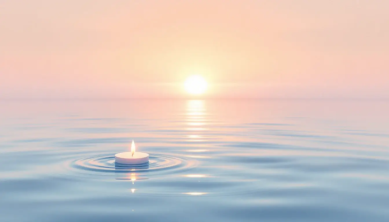 Dawn over calm sea with a single floating candle — integration and completion of Mercury retrograde in Cancer
