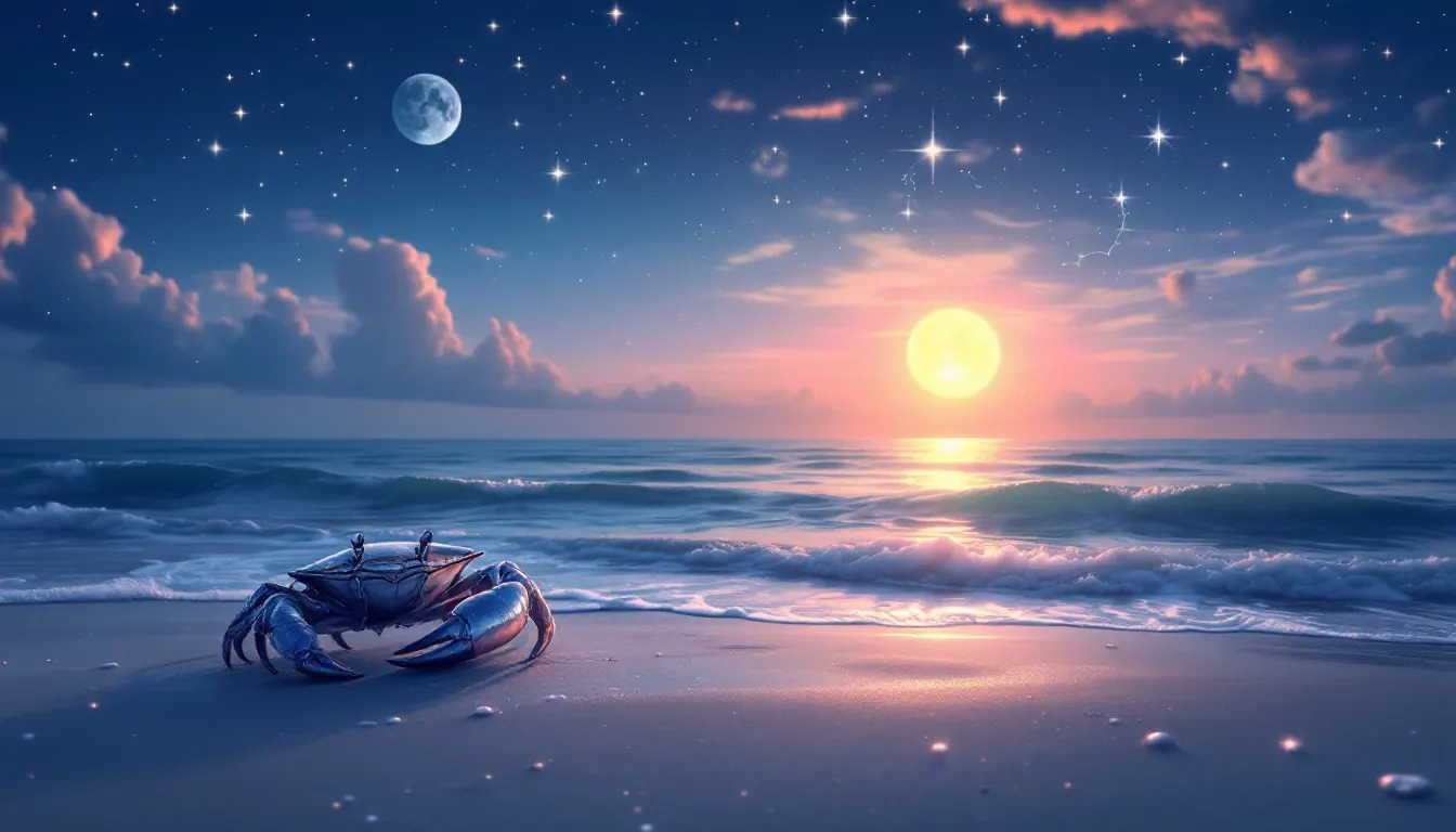 Cancer crab silhouette on a moonlit shore beneath the Cancer constellation