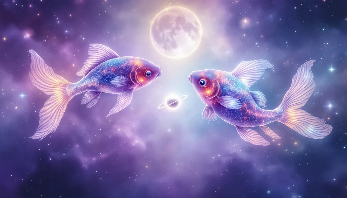 Pisces fish glyph swimming through cosmic waters with Mercury planet