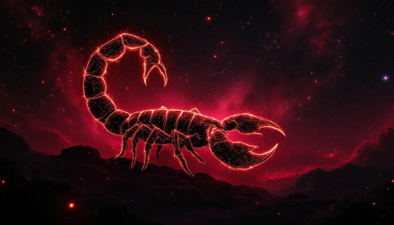 Scorpio scorpion constellation with Mercury planet in a crimson cosmic sky
