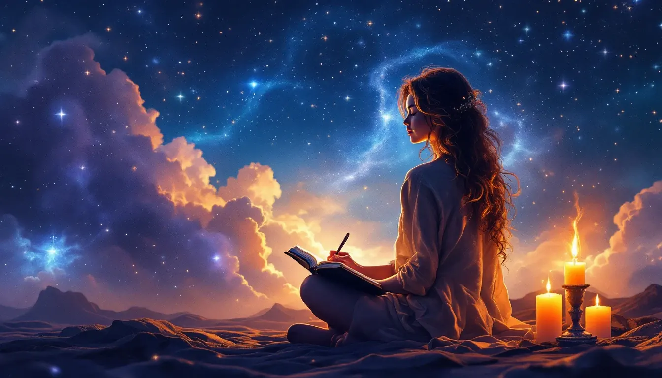 Woman journaling by candlelight beneath a starry sky during Mercury retrograde