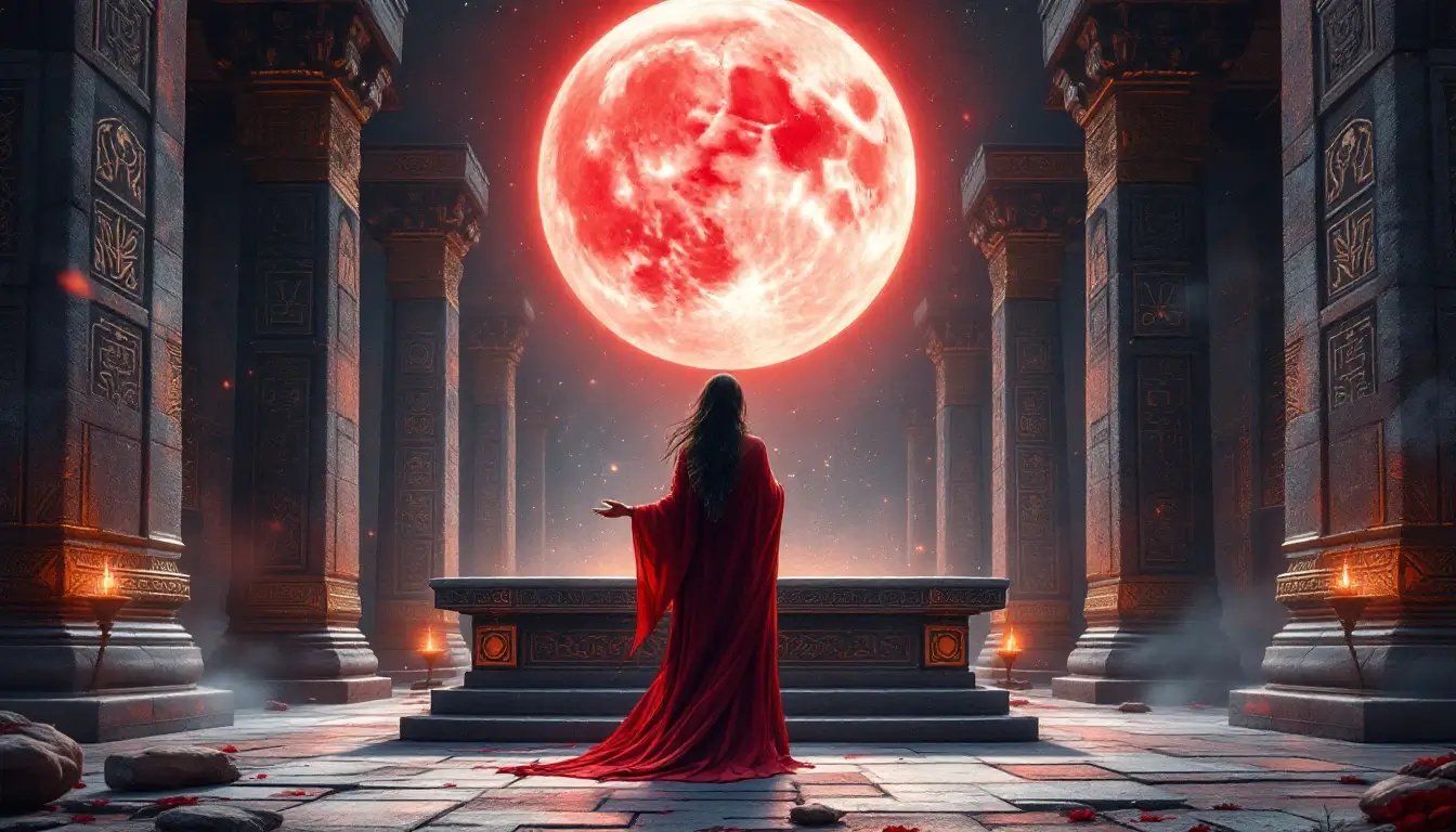 Ancient priestess honoring the red moon cycle beneath a full moon