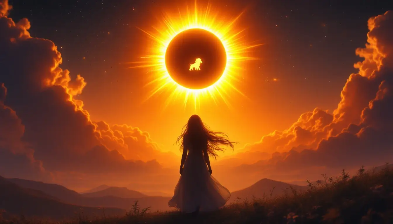 Woman at totality with a glowing lion-shaped heart, spiritual rebirth
