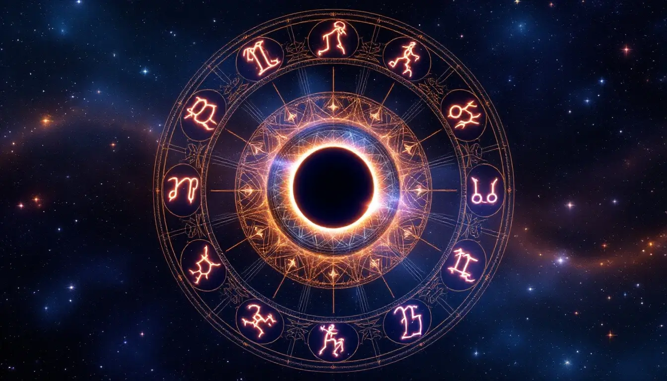 Zodiac wheel with all twelve signs around a total solar eclipse