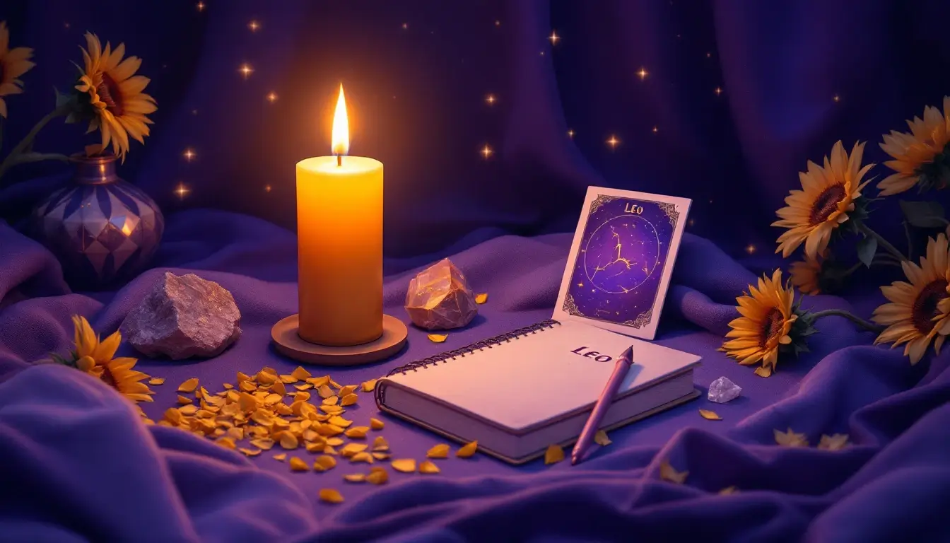 Sacred altar with candle, journal, and Leo constellation card for eclipse ritual