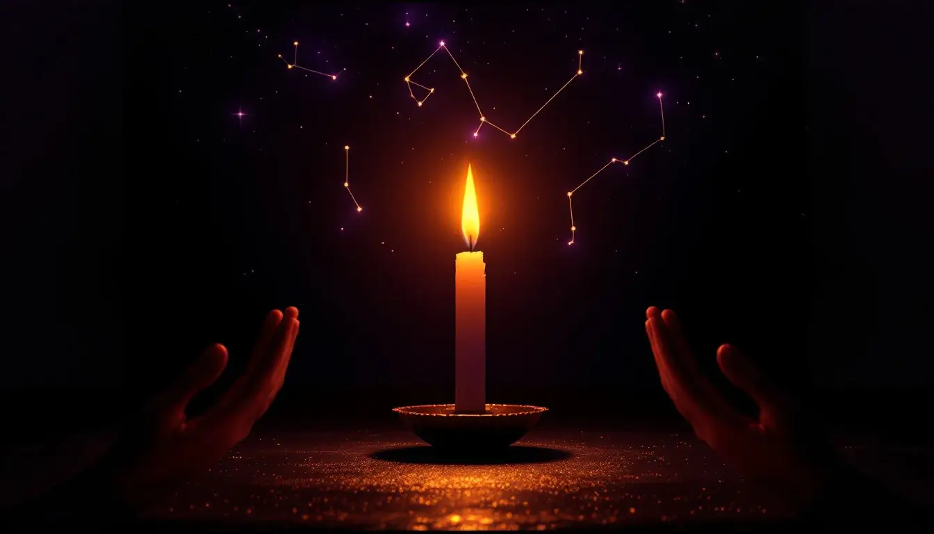 Golden candle with Leo constellation shadow — solar eclipse ritual