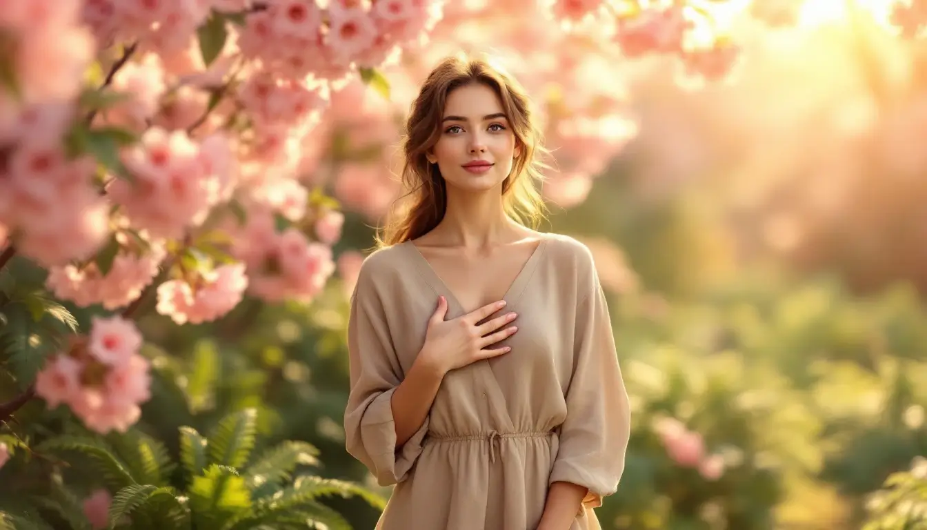 Venus in Taurus woman sitting in a spring garden — sensual earth goddess energy