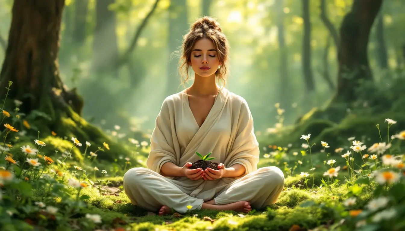 Woman meditating in a forest, working with her Venus in Taurus placement