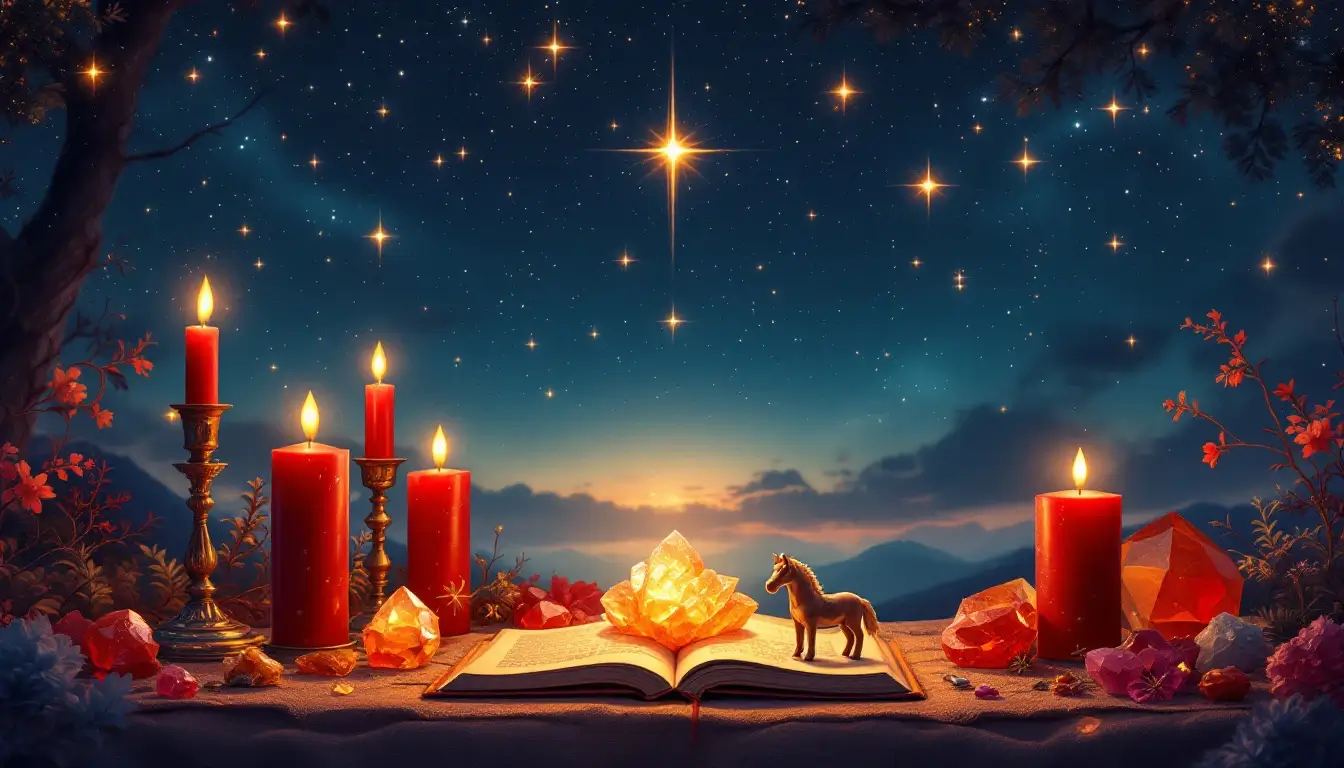 Fire Horse rituals with red crystals candles and journal