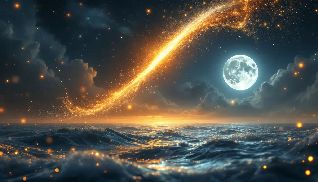 A fiery comet meeting a serene moonlit ocean — symbol of surprising astrological chemistry
